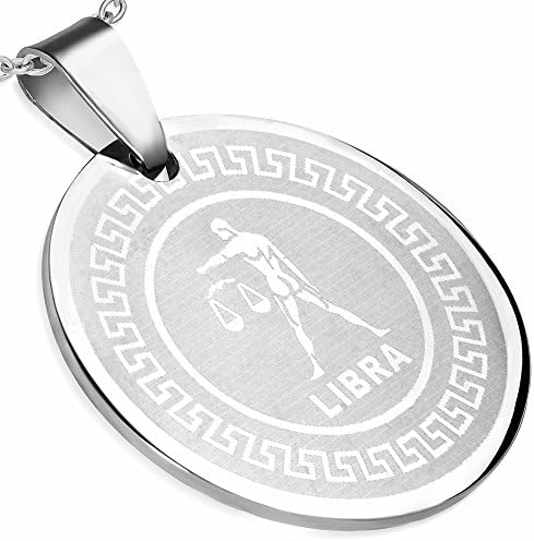 Stainless Steel Greek Key Libra Zodiac Sign Circle Pendant