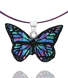 Sterling Silver Dichroic Glass Green and Purple Butterfly Pendant on Stainless Steel Wire, 18"