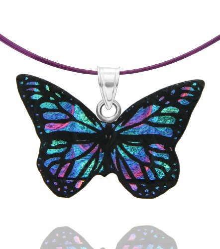 purple butterfly -Sterling Silver Dichroic Glass Green and Purple Butterfly Pendant on Stainless Steel Wire, 18
