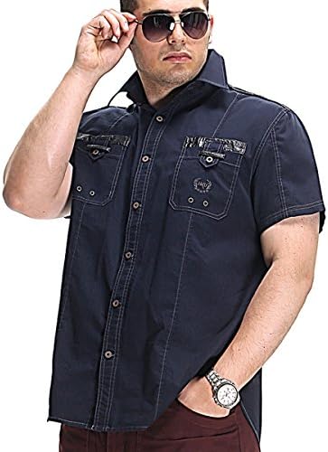 Mens 100% Cotton Short Sleeve Casual Button-front Patchwork Shirts 5XL Dark Blue