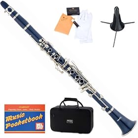 Mendini MCT-BL B Flat Blue ABS Clarinet w/ Case, Stand, Mouthpiece, Box of 10 Reeds, Cork Grease, & a Pair of Gloves