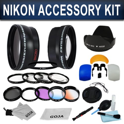 Essential Kit for NIKON DSLR (D5100 D3100 D40 D60 D80 D3000 D5000 D7000) Includes: 52mm 0.45x Wide Angle & 2.0x Telephoto High Definition Lenses + Filter Kit (UV, Polarizing, Fluorescent) + Macro Close Up Set + Tulip Flower Lens Hood + Center Pinch Lens Cap (w/ Cap Keeper) + 2 Graduated Color Filters (Warming, Blue) + Flash Diffuser Set + Deluxe Cleaning Kit + Lens Cleaning Pen + Premium Goja Microfiber Cleaning Cloth and Keychain