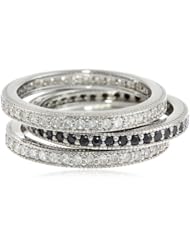 Sterling Silver Clear and Black Cubic-Zirconia Pave Band Three Stackable Ring Set