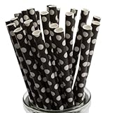 White Polka Dots on Black Paper Straws x 50