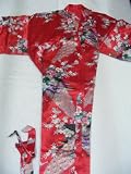 Women's 100% Thai Silk Robes- Asian Peacock Design- Scarlet Red (Free Size)