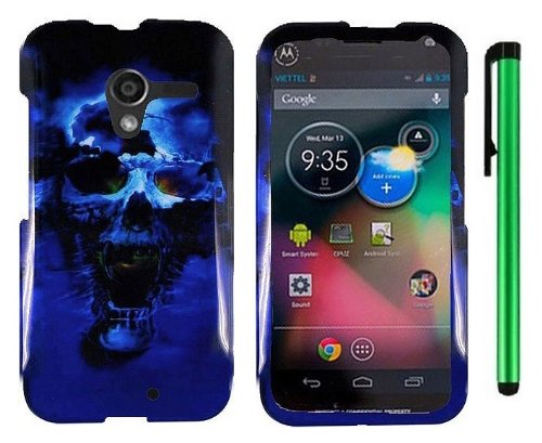 Motorola Moto X Phone Accessory (2013 August Released) - Premium Vivid Design Protector Hard Cover Case + 1 of New Metal Stylus Touch Screen Pen (Blue Skull On Black)