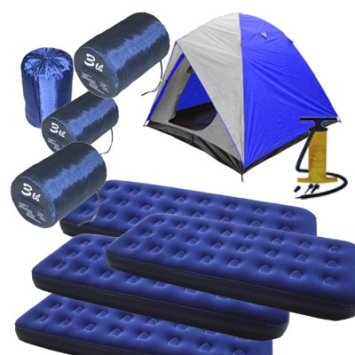 4 Person Dome Tent, 4 of Single Size Air Mats, 4 of 3lb Sleeping Bags, and Pump Combo