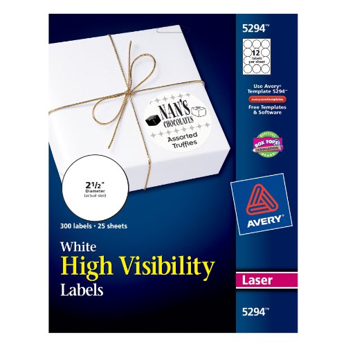Avery High Visibility 2 1/2 Inch Diameter White Labels 300 Pack (5294)