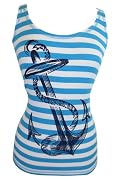 Cartel Ink Pinup Sailor Anchor Logo Blue and White Striped Rib Tank Top (M)