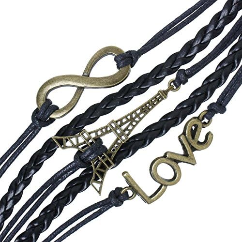 Terrific 3pcs Fashion Handmade Infinity Love Eiffel Tower Shaped Leather Charms Ancient Bronze Wrap Bracelet 18cm