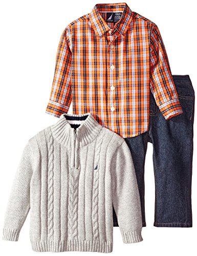 Nautica Baby Boys' 3 Piece Set Woven Sweater Denim, Grey Heather, 18 Months