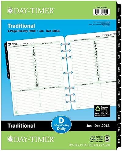 Day-Timer Daily Planner Refill 2016, One Page Per Day, Traditional, Folio Size, 8.5 x 11 Inches (14010)