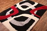 New Modern Black, Cream & Red Shaggy Rug 110cm x 160cm (3ft 7 x 5ft 3)