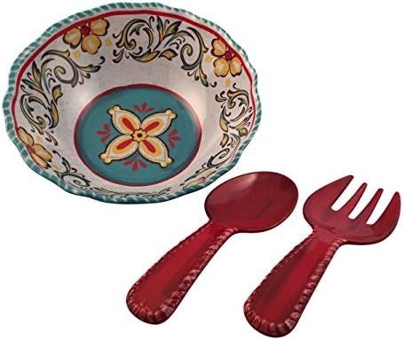 Turquoise Medallion Melamine Serving Bowl &amp; Salad Server Set