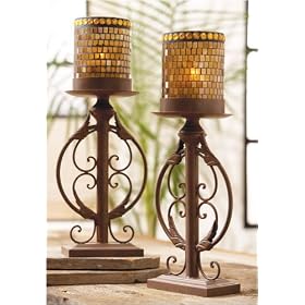 Set of 2 Old World Rustic Amber Mosaic Pillar Candle Holders by CC Home Furnishings