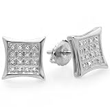Platinum Plated Sterling Silver Real Diamond Kite Shape Mens Hip Hop Iced Stud Earrings 1/10 CT (0.10 Carat, I-J Color, I2-I3 Clarity)
