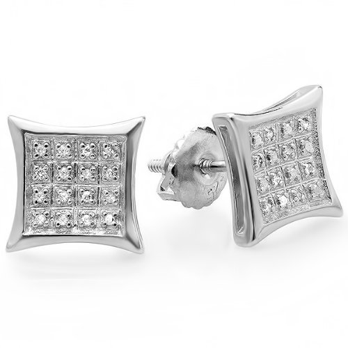 Platinum Plated Sterling Silver Real Diamond Kite Shape Mens Hip Hop Iced Stud Earrings 1/10 CT (0.10 Carat, I-J Color, I2-I3 Clarity)