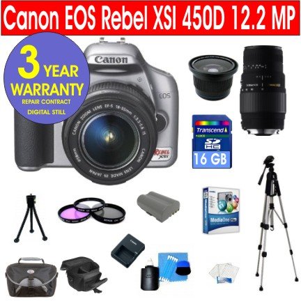 Canon EOS Rebel XSI 450D 12.2 MP Digital Camera with Canon EF-S 18-55mm IS Lens + Sigma 70-300mm Telephoto Zoom Lens + .42x Wide Angle Lens with Macro + 16 GB Memory Card + Multi-Coated 3 Piece Filter Kit + Digital Slave Flash + Corel MediaOne Plus Software + 11 Piece Accessory Kit + Deluxe Camera Case + 3 Year Warranty Repair Contract