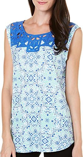 Dept 222 Petite Indigo Skies Embroidered Neck Top Large Petite Blue/multi