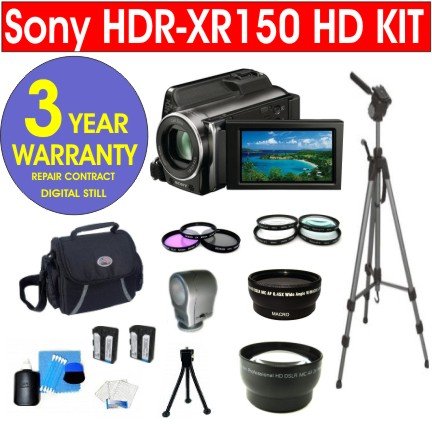 Sony HDR-XR150 120GB HD Handycam Camcorder + .45x Wide Angle Lens + 2X Telephoto Zoom Lens + +1, +2, +4, +10 4 Piece Close Up Macro Kit + 3 Piece Multi-Coated Glass Filter Kit + Extra High Capacity Li-Ion Battery + Premier Video Light + Deluxe Padded Camcorder Bag + 62