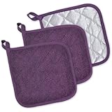 DII 100% Cotton, Machine Washable, Everyday Kitchen Basic  Terry Potholder Set of 3, Eggplant