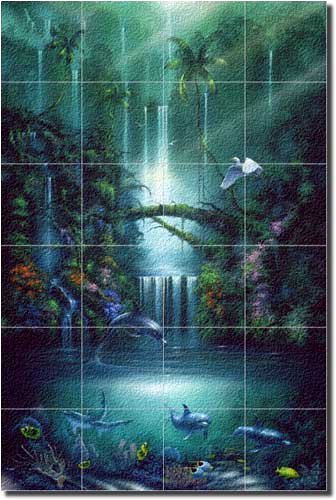 Enchanted Pool by David Miller - Tropical Waterfall Glass Tile Wall Floor Mural 36
