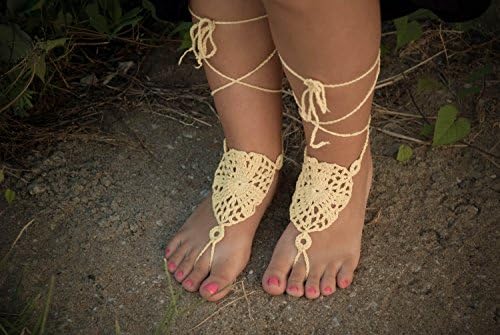 Ivory Flower Hand-Knitted Cotton Crochet Barefoot Sandal,One Size