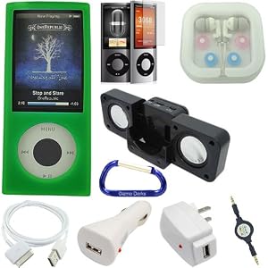 11 Item Combo for Apple iPod Nano 5G: Silicone Skin Case (Green) + Cube Speaker Dock Black + Earphones with Interchangeable Tips + Retractable Auxiliary Stereo Cable + Car Charger + Wall Charger + USB Cable + Screen Protector + Carabiner Key Chain