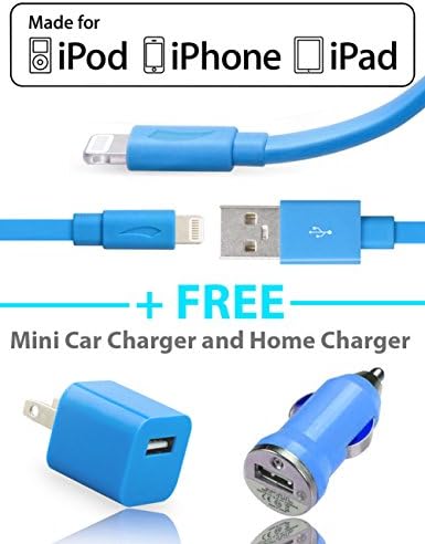 Apple MFI Certified Lightning Cable - 3 in 1 Charging Kit with 1 Amp 5 Watt Made for iPhone 6, 6 Plus, 5s, 5c, 5 Certified APPLE Lightning Cable. IOS 8 Compatible Charge/Sync Cable, Free Mini Wall and Car Charger Blue (APPLE CERTIFIED BLUE CABLE)