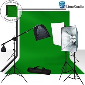 LimoStudio Photography Studio Video Lighting Chromakey Green Black White Screen 3 Muslin Backdrops Lighting Kit Background Support Kit, AGG890