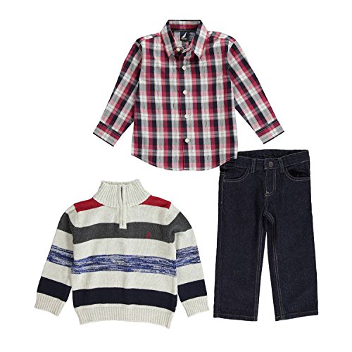 Nautica Little Boys' 3 Piece Set Woven Roadmap Sweater Denim Pant, Oat Heather, 2T