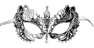 Luxury Mask Women's Laser Cut Metal Venetian Pretty Masquerade Mask, Silver/Clear Stones, One Size