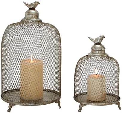Deco 79Metal Bird Cage Style Cloche Decorative Candle Lantern with Elevated Stand, Set of 2 17", 12"H, Silver