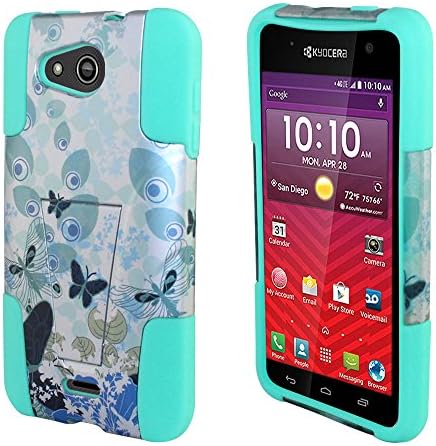 For Kyocera Hydro Wave C6740 / Hydro Air /ITUFFY 3items: Screen Film+Stylus Pen+Dual Layer Impact Resistance Plastic Cover Soft Rubber KickStand Hybrid Case (Peacock Feather Butterfly - Mint Blue)