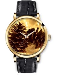SPRAWL Aanalog Fashion Series Gold Ladies Watches of Genuine Black Leather Strap,Unique Wrist Watch for Women Girls Designed with trees cafes