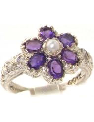 Solid 9K White Gold Natural Amethyst & Pearl Victorian Cluster Flower Ring - Finger Sizes 4 to 12 Available