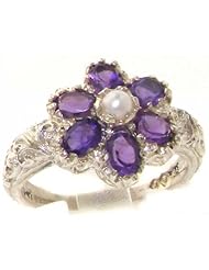 Solid 925 Sterling Silver Natural Amethyst & Pearl Victorian Cluster Flower Ring - Finger Sizes 4 to 12 Available