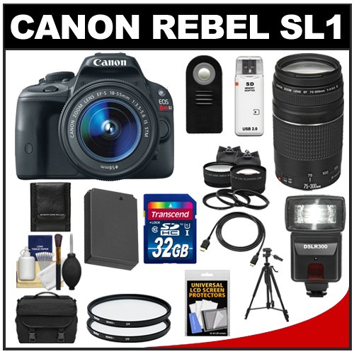 detail Canon EOS Rebel SL1 Digital SLR Camera & EF-S 18-55mm IS STM Lens with EF 75-300mm III Lens + 32GB Card + Battery + Case + Flash + 2 Lenses + Tripod Kit