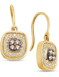14K Yellow Gold Round Brilliant Cut Chocolate Brown and White Diamond - Square Princess Shape Halo Channel Set Dangle Earrings - (1/3 cttw.)