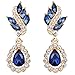 EleQueen Women's Austrian Crystal Art Deco Tear Drop Dangle Earrings Clip-on (Gold-tone Blue Color)
