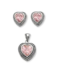 Sterling Silver Pink CZ Heart Pendant & Earrings Set