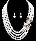 Victorian White Pearl Three Strand Necklace with Butterfly Broach