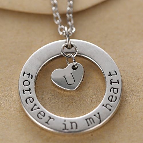 Silver Plated "forever in my heart" Circle Pendant Necklace with Heart Charm 18" - Special Gift for Her