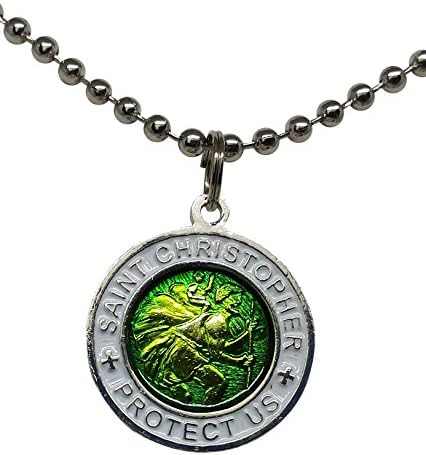 St. Christopher Surf Necklace, Small Pendant, Green with White Rim, 17 Inch Ball Chain