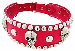 28 Inch Hot Pink Leather Skull Studded Dog Collar Large