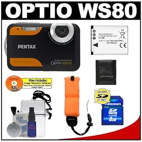 Pentax Optio WS80 Waterproof Digital Camera (Black/Orange) + 8GB Card + Spare D-LI88 Battery + Floating Strap + Waterproof Case w/ Cleaning Kit