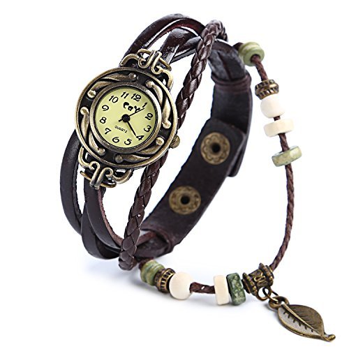 DAYAN Fashion Women Quartz Weave Wrap Around Leather Bracelet Lady Wrist Watch Brown