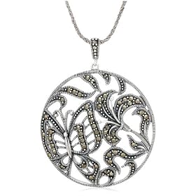 Sterling Silver Marcasite Butterfly and Flower Pendant, 18 by Marcasite Birthstones