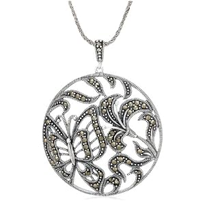Sterling Silver Marcasite Butterfly and Flower Pendant, 18 by