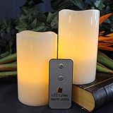 LED Lytes Flameless Candles, Battery Operated Pillars w/Remote Set of 2 Ivory Wax and Amber Yellow Flame